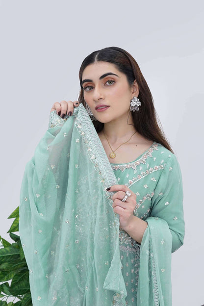 Women Wearing Mint Cream Designer Chiffon Maxi Dress with Handwork Dupatta Picture