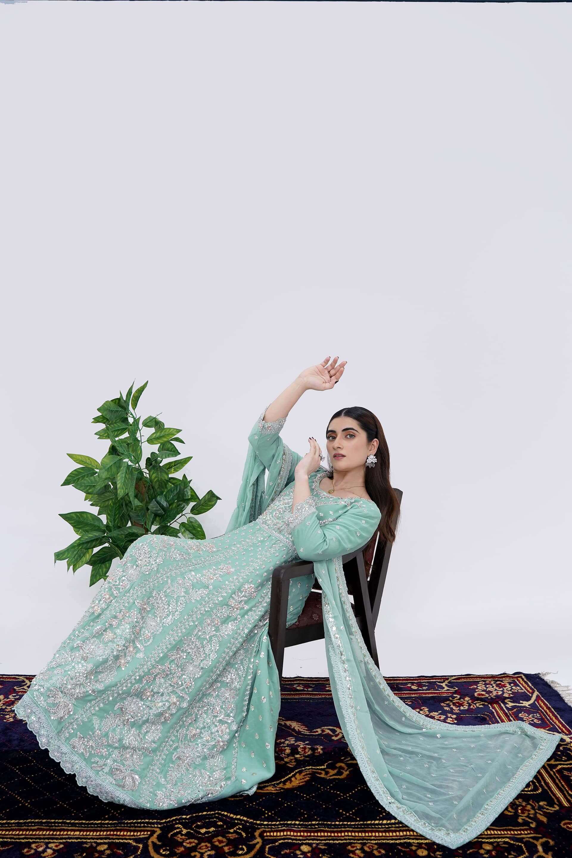 Women Wearing Mint Cream Designer Chiffon Maxi Dress with Handwork Dupatta Side Picture