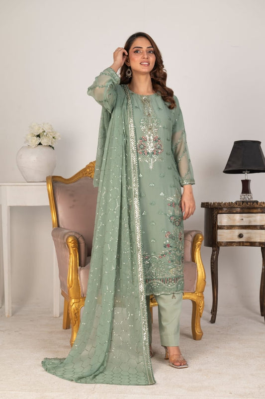 Mint embroidered chiffon shalwar kameez full front view