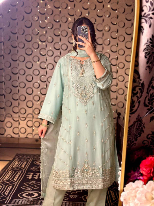 Women's Mint Green Chiffon Shalwar Kameez with Handwork Front Pic