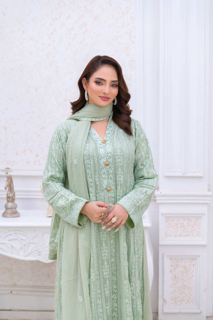 Mint Green Chiffon Anarkali Gown Close Embroidery Picture With Dupatta