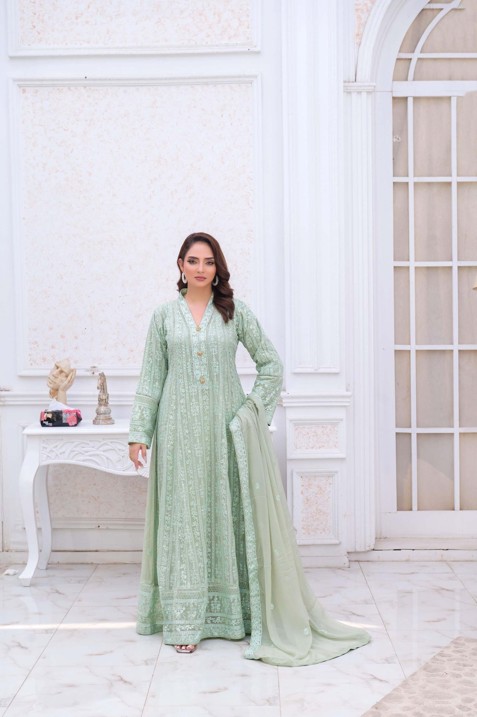 Mint Green Chiffon Anarkali Gown Front Picture