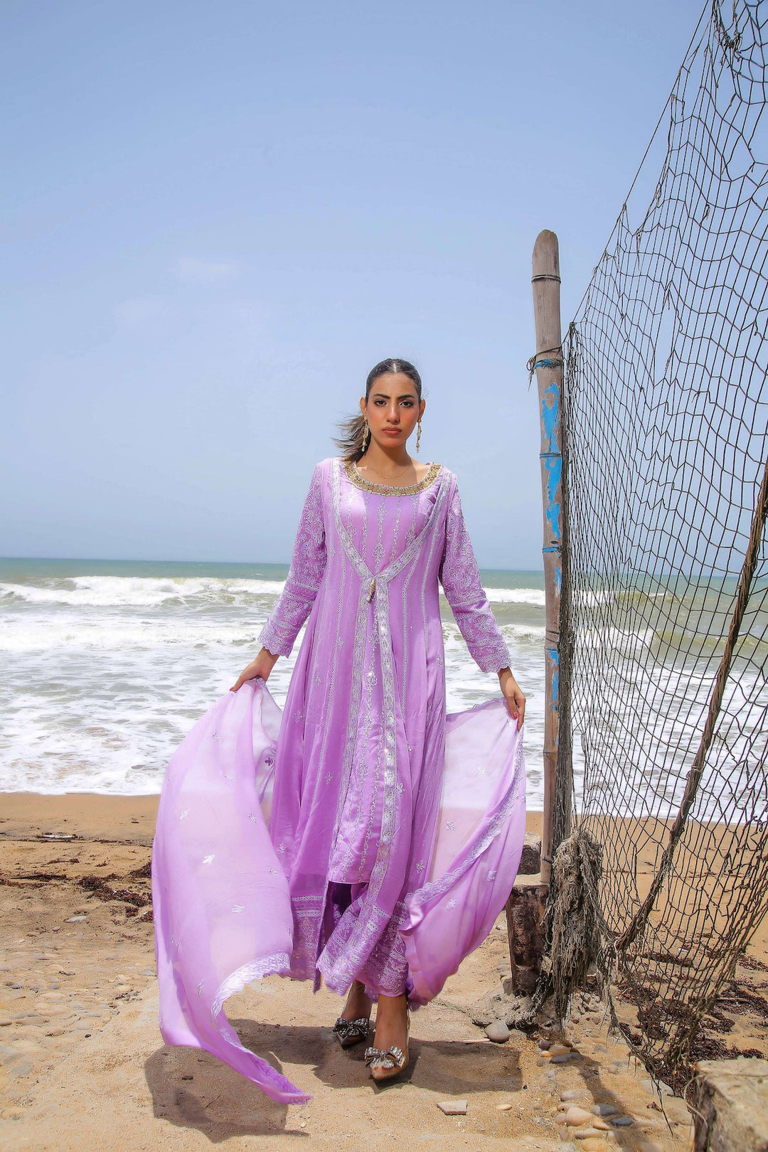 Model wearing lilac formal 4pc gown dress