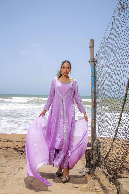 Model wearing lilac formal 4pc gown dress
