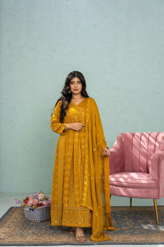 Mustard Anarkali Frock full front view