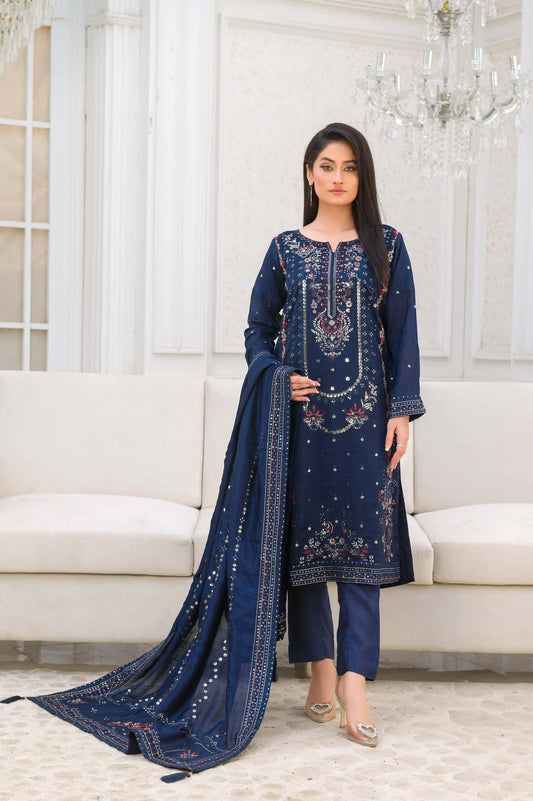 Navy Blue Raw Silk Shalwar Kameez with Multicolor Embroidery Complete 
Picture