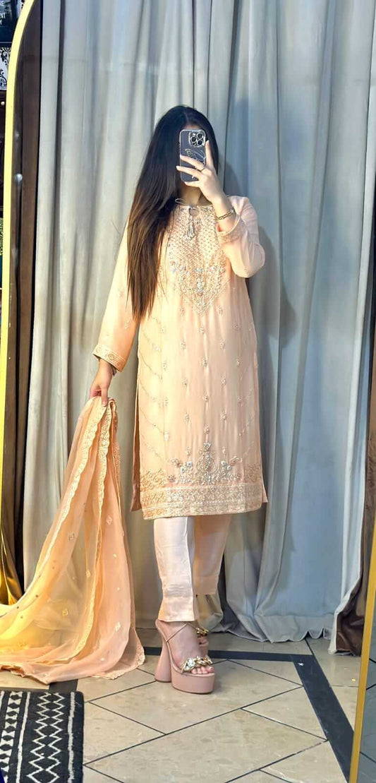 Women's Peach Chiffon Shalwar Kameez with Handwork Complete Pic