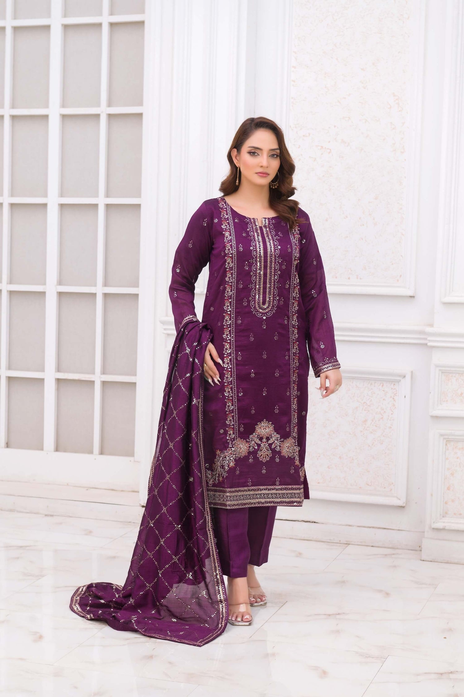 Purple Raw Silk Shalwar Kameez with Embroidery Front Picture