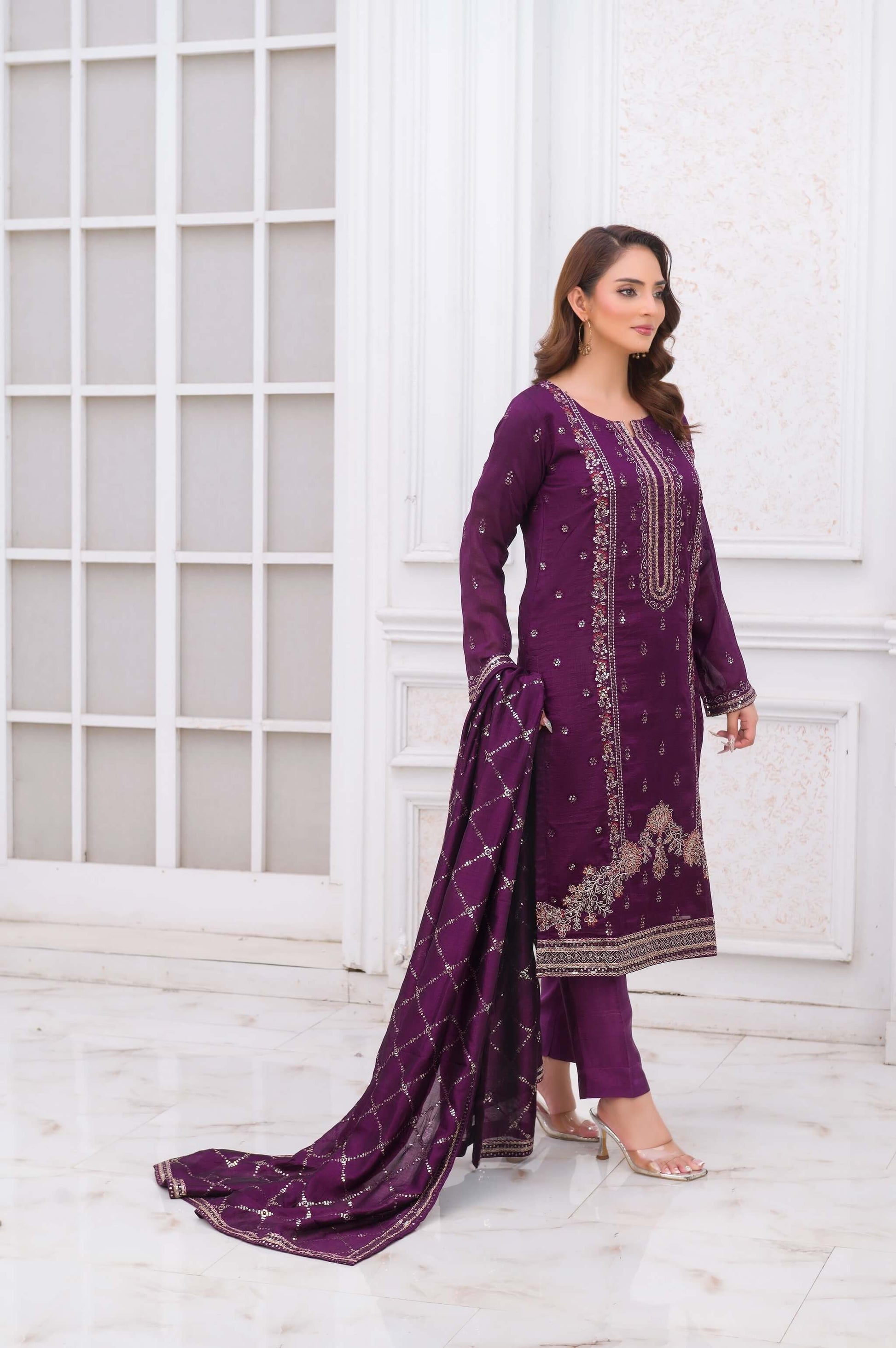 Purple Raw Silk Shalwar Kameez with Embroidery Side Picture