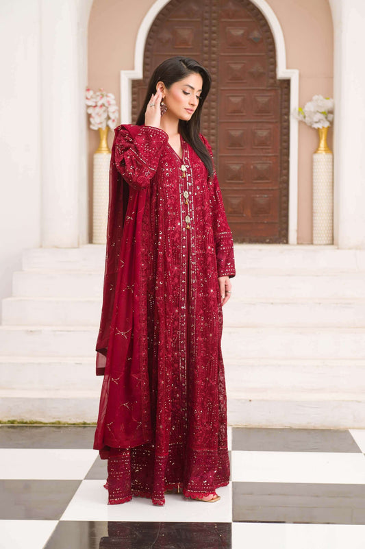 Woman wearing a red embroidered traditional outfit standing in front of a decorative archway side look.