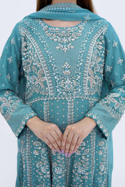 Sky Blue Bridesmaid Chiffon Maxi Dress with Handwork – Wedding Gown close embroidery Picture