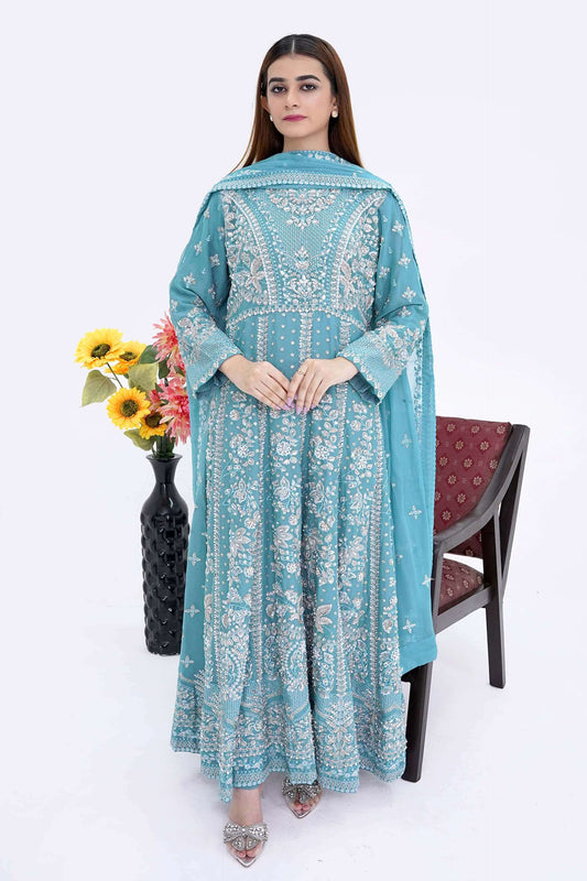 Sky Blue Bridesmaid Chiffon Maxi Dress with Handwork Full Picture
