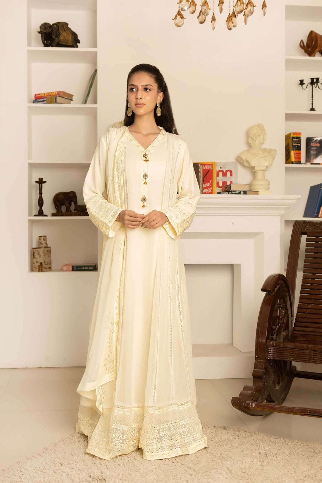 Front view of sophisticated ivory chiffon Anarkali maxi dress on model
