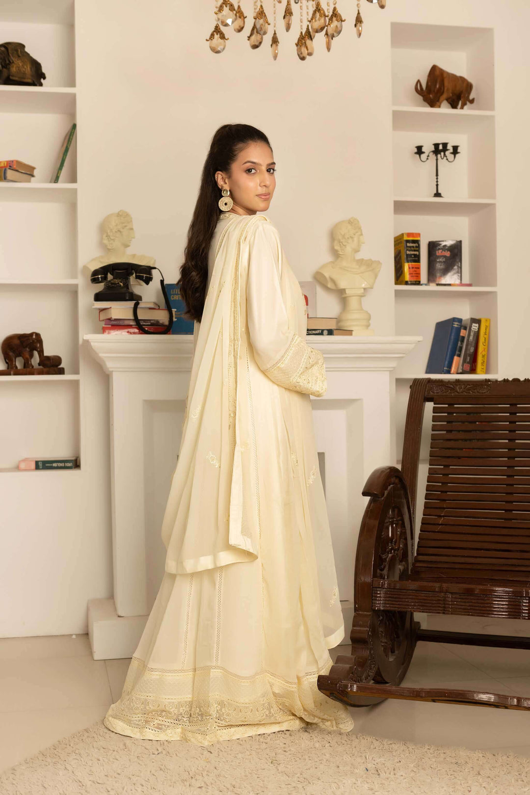 Back design of ivory chiffon sophisticated Anarkali suit maxi style