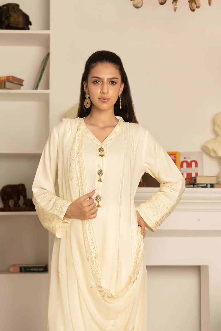 Fabric detail of ivory chiffon sophisticated simple Anarkali dress