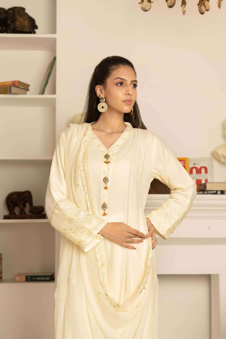 Fabric detail of ivory chiffon sophisticated simple Anarkali dress Action