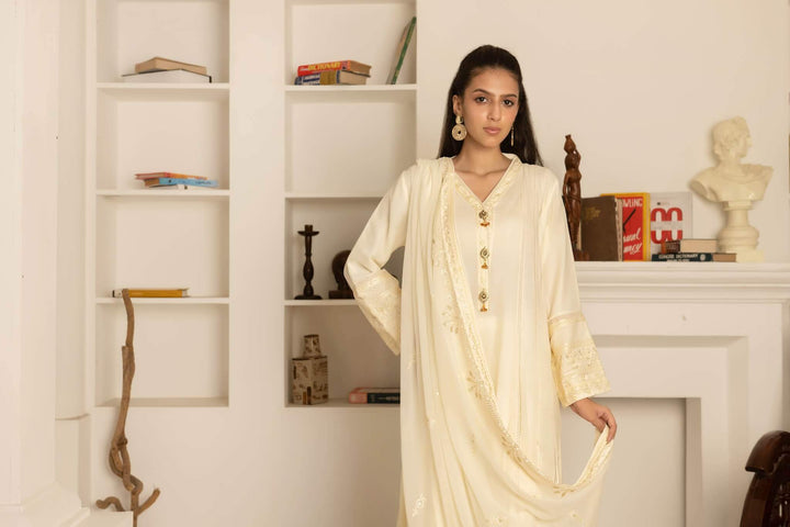 Fabric detail of ivory chiffon sophisticated simple Anarkali dress With Dupatta