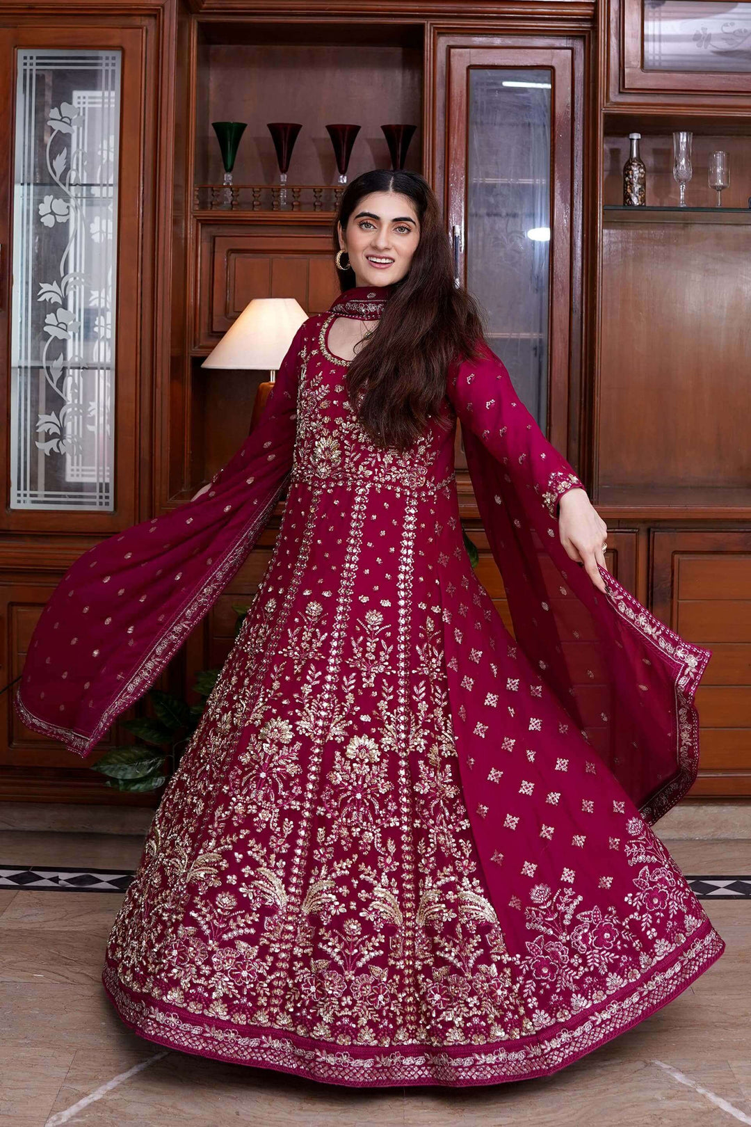 Magenta Chiffon Maxi Dress with Handwork – Designer Bridesmaid & Luxury Women’s Clothing Small / Magenta / Chiffon