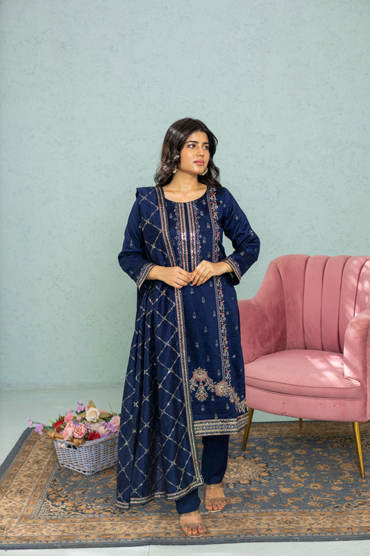 Full view of navy blue raw silk shalwar kameez suit