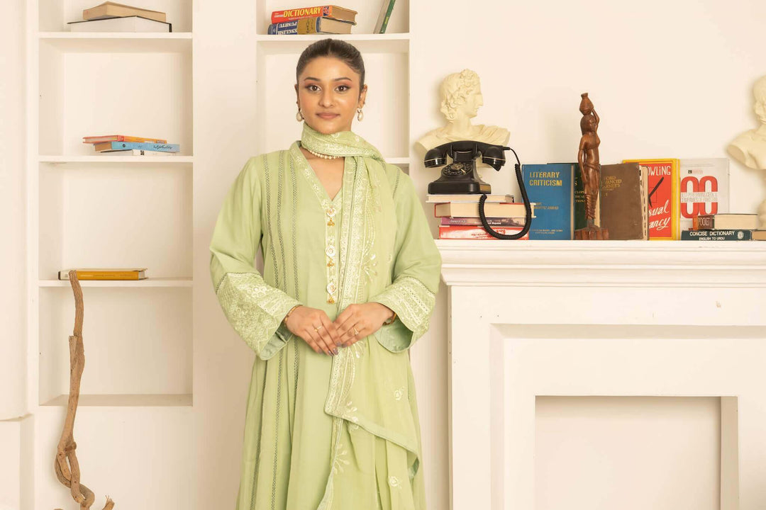 Fabric detail of pista green chiffon sophisticated simple Anarkali with Dupatta dress