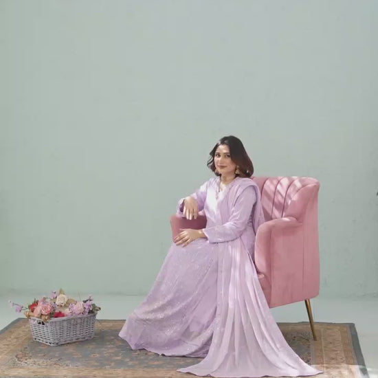 Model showcasing Lilac Anarkali Hand Embroidered Long Frock