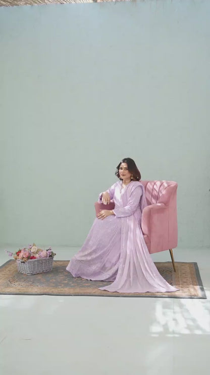 Model showcasing Lilac Anarkali Hand Embroidered Long Frock