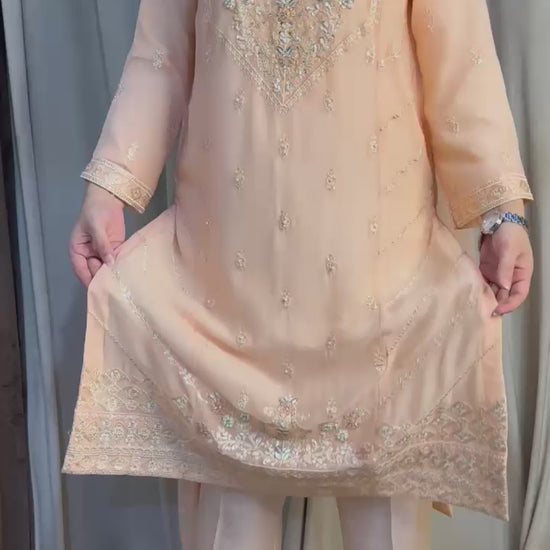 Women's Peach Chiffon Shalwar Kameez with Handwork Video