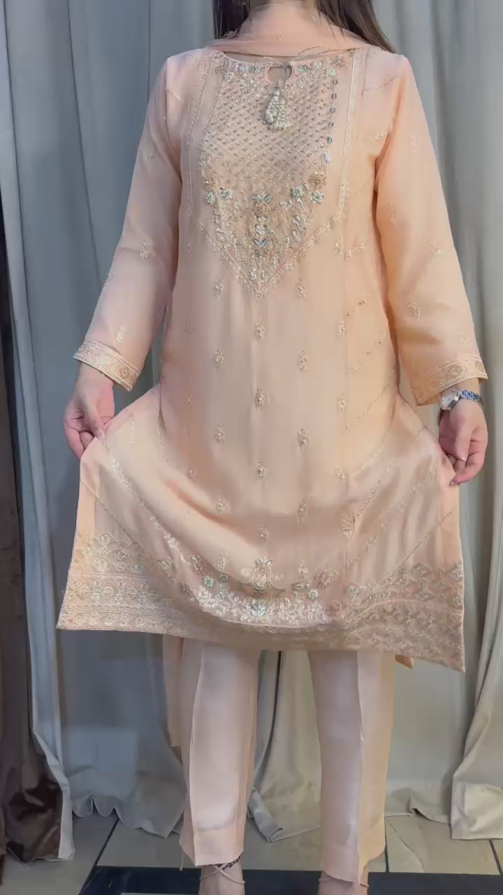 Women's Peach Chiffon Shalwar Kameez with Handwork Video