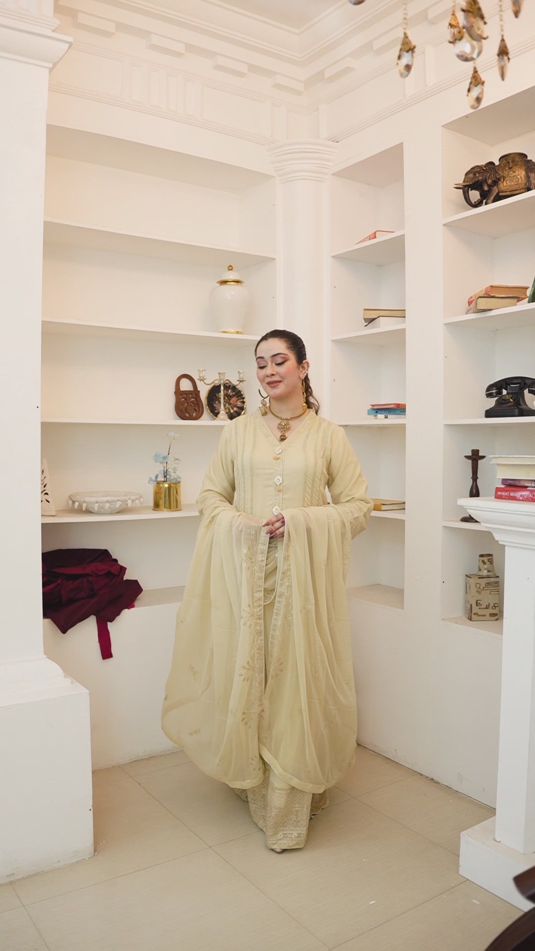 Video of model wearing fawn chiffon Anarkali maxi dress for partywear and weddings
