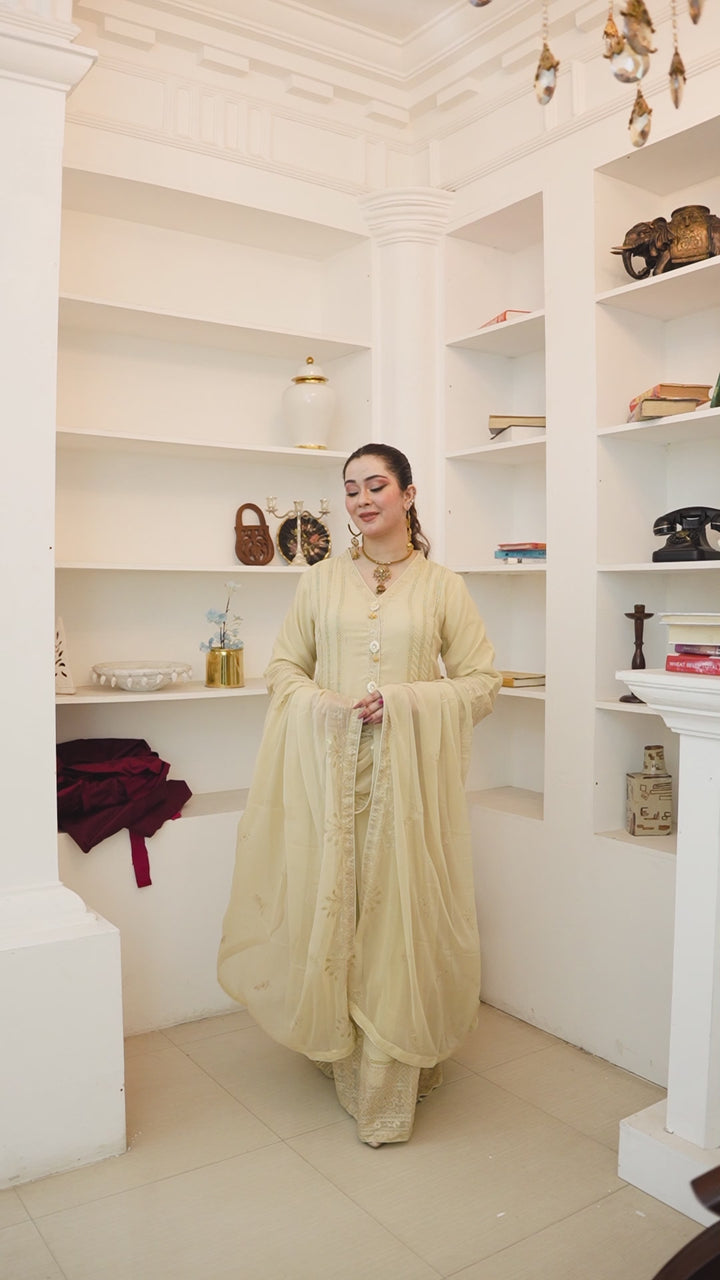 Video of model wearing fawn chiffon Anarkali maxi dress for partywear and weddings
