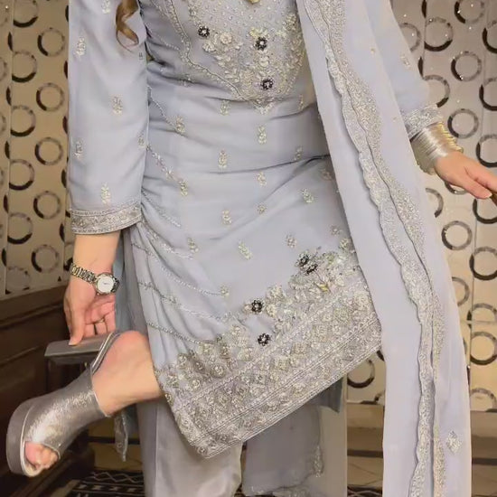  Women's Light Gray Chiffon Shalwar Kameez  with handwork Video