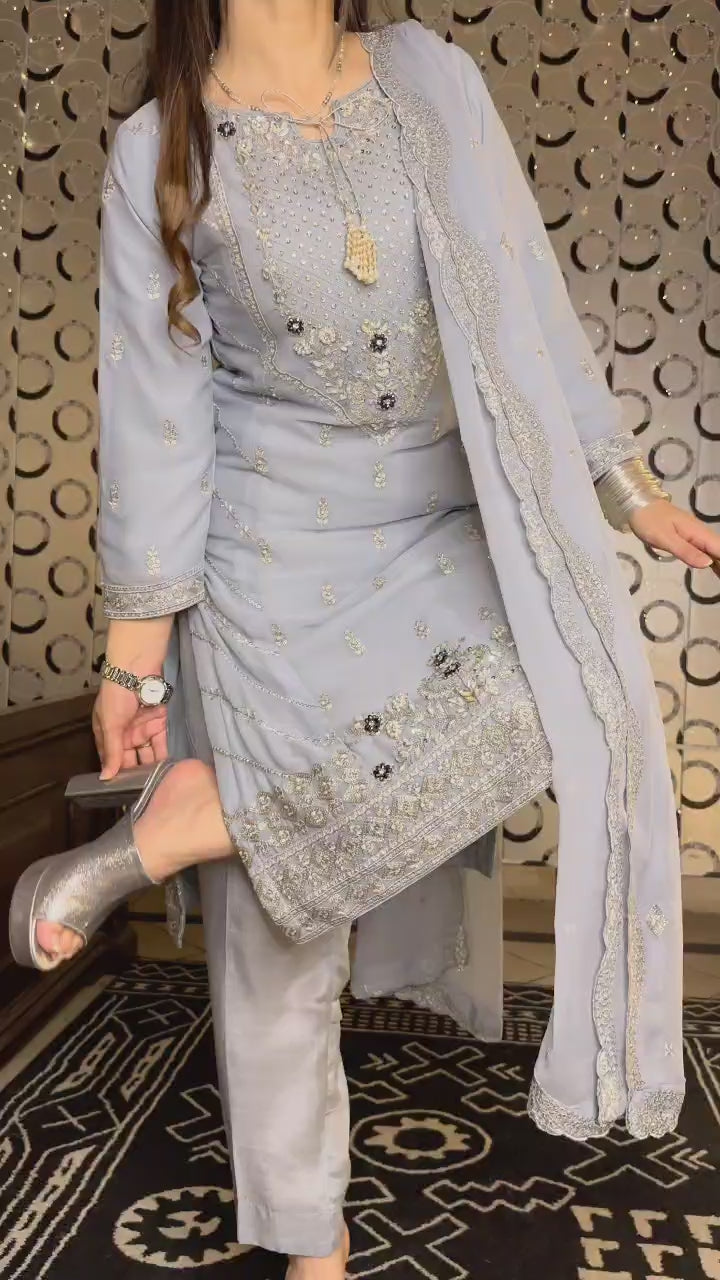  Women's Light Gray Chiffon Shalwar Kameez  with handwork Video