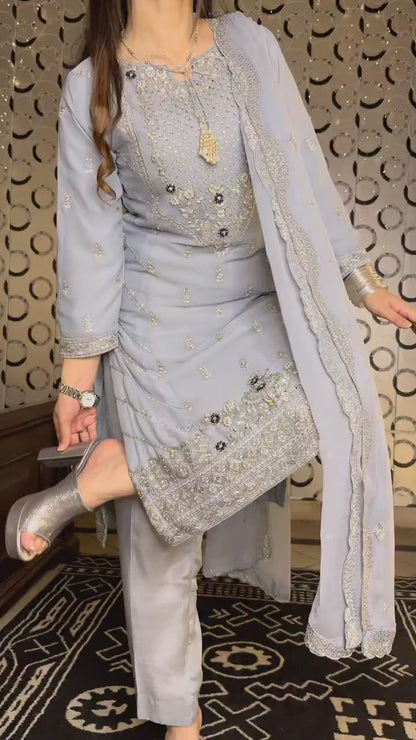  Women's Light Gray Chiffon Shalwar Kameez  with handwork Video