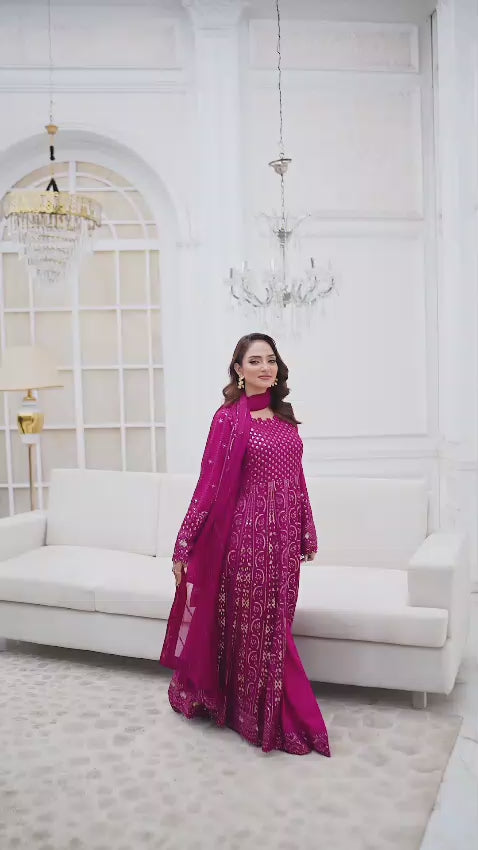 Magenta Wedding Lehenga Dress – Long Embroidered Party Wear Outfit with Dupatta Video