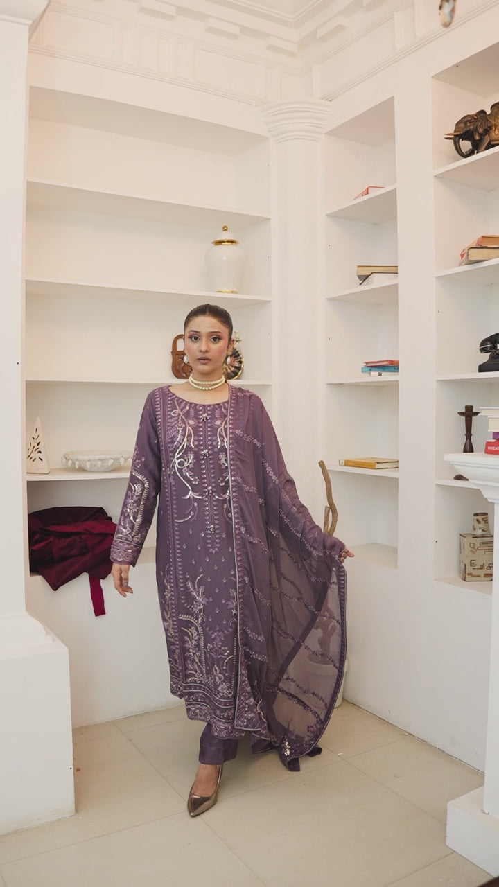 Video of model wearing mauve chiffon shalwar kameez with heavy embroidery for wedding & festive wear