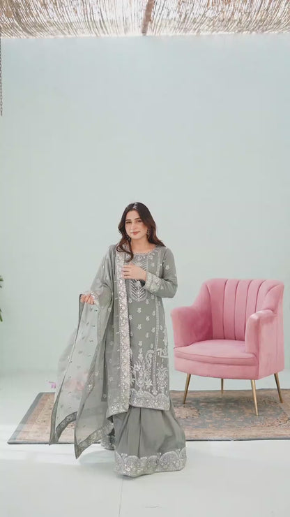 Model showcasing grey embroidered lehnga 3-piece suit with flowing skirt, detailed embroidery close-ups, and dupatta styling in motion.