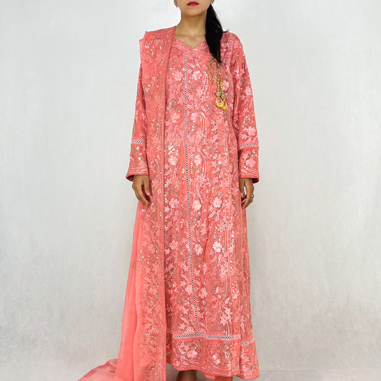 Pink Embroidered Angrakha Dress Chiffon Long Frock Maxi Complete Look Video