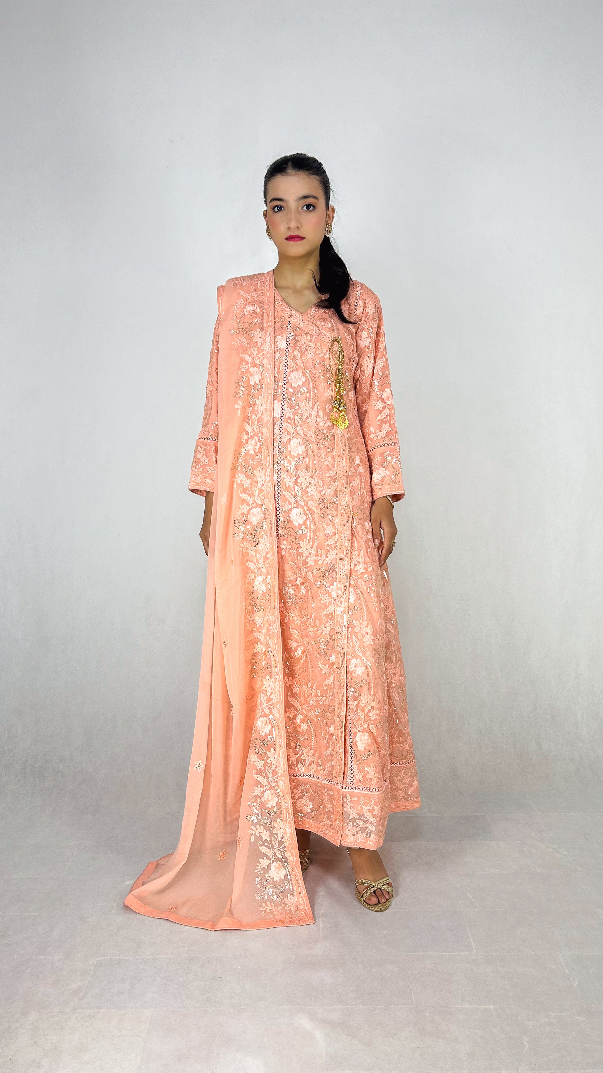 Melon Chiffon Angrakha Maxi Dress Embroidered Long Frock Complete Look Video