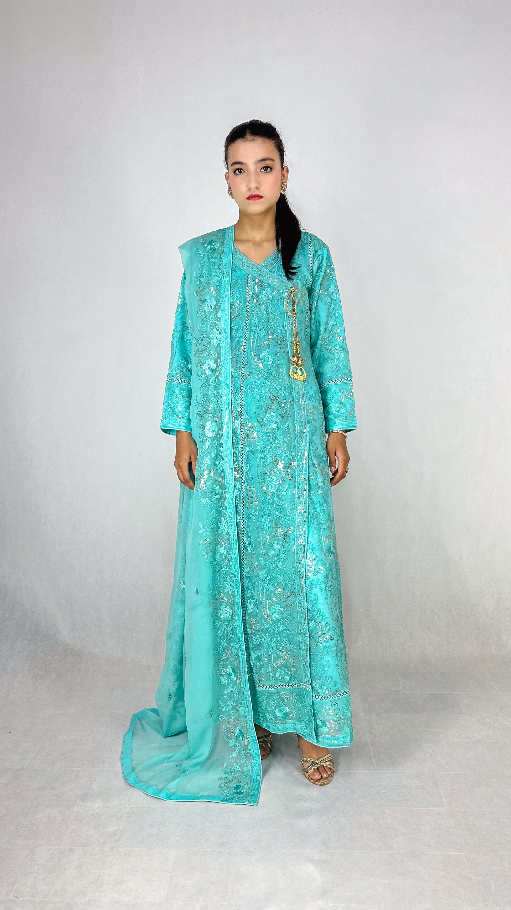 Light Blue Chiffon Angrakha Maxi Embroidered Long Frock Dress Complete Look Video