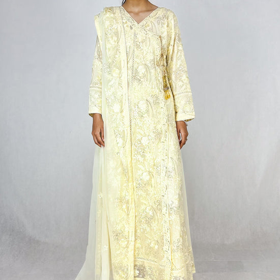 Ivory Embroidered Chiffon Angrakha Dress Long Frock Maxi Complete Look Video