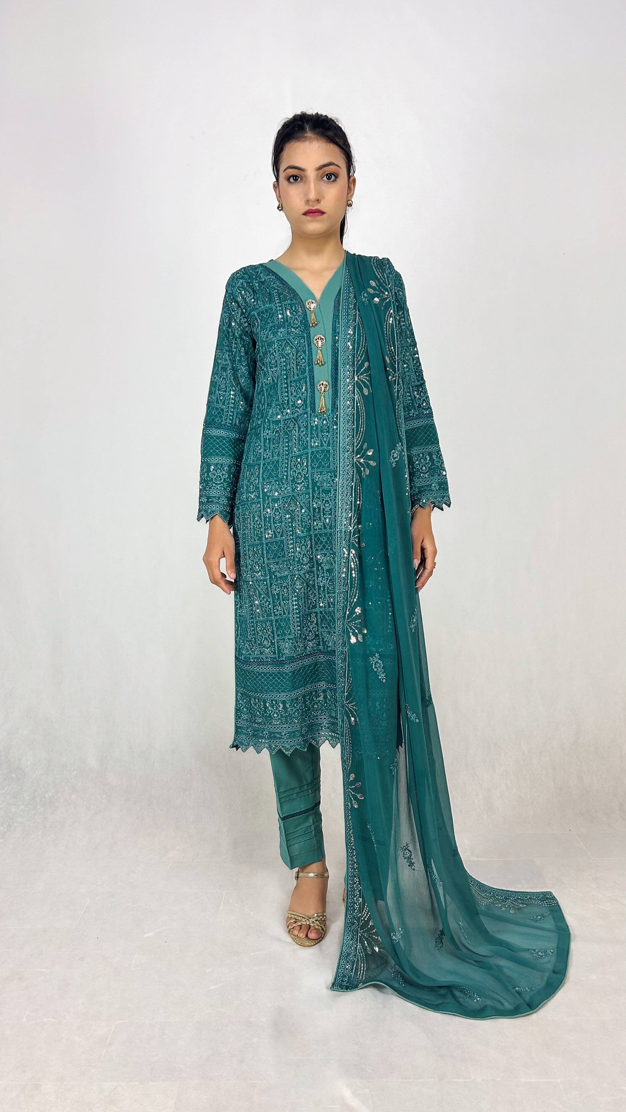 Teal Chiffon Shalwar Kameez Embroidered Ethnic Dress Complete Look Video