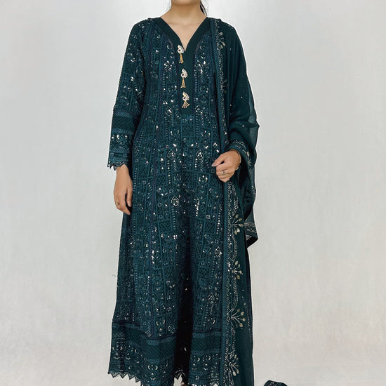 Dark Teal Chikankari Embroidered Chiffon Long Dress Anarkali Maxi Complete Look Video