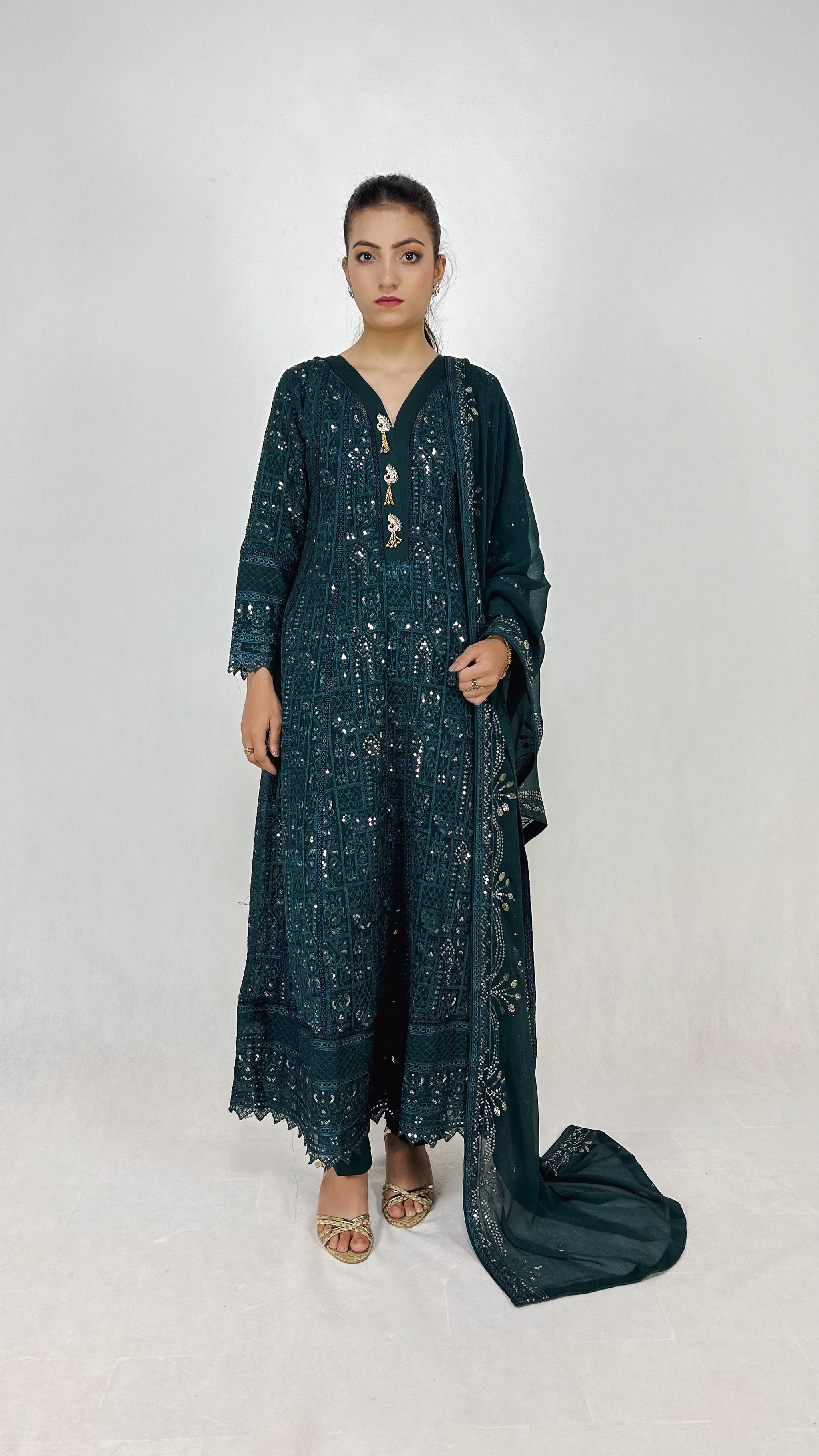 Dark Teal Chikankari Embroidered Chiffon Long Dress Anarkali Maxi Complete Look Video