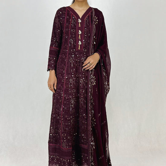 Dark Purple Chikankari Embroidered Chiffon Long Frock Maxi Anarkali Style Complete Look Video