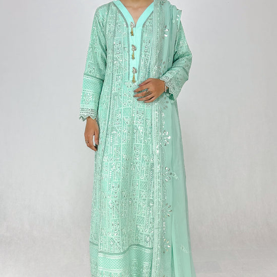 Mint Cream Chikankari Embroidered Chiffon Long Frock Maxi Anarkali Dress Complete Look Video