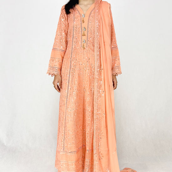 Peach Chikankari Embroidered Chiffon Long Dress Anarkali Maxi Complete Look Video