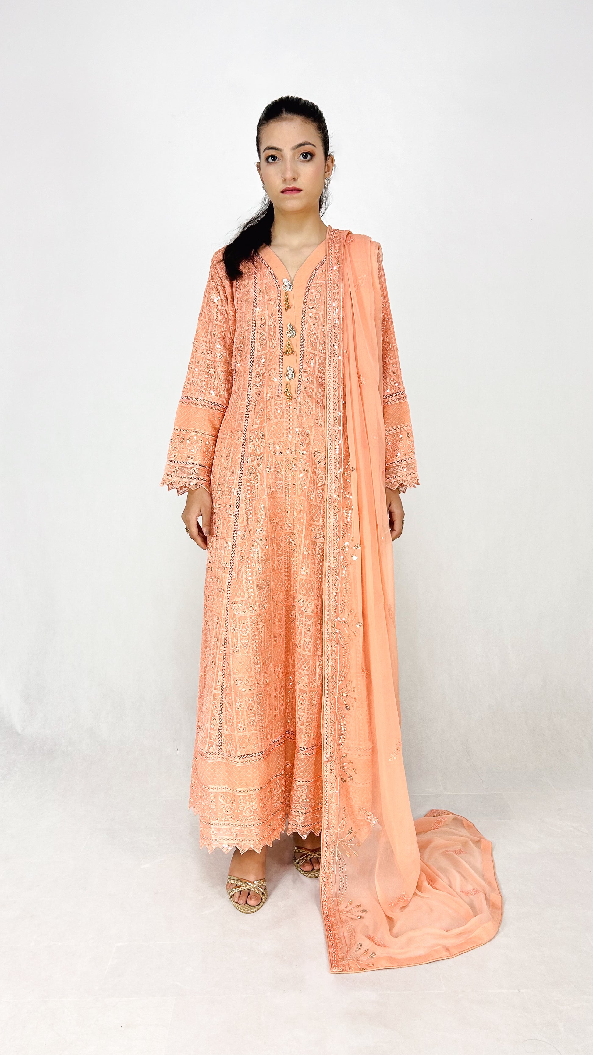 Peach Chikankari Embroidered Chiffon Long Dress Anarkali Maxi Complete Look Video