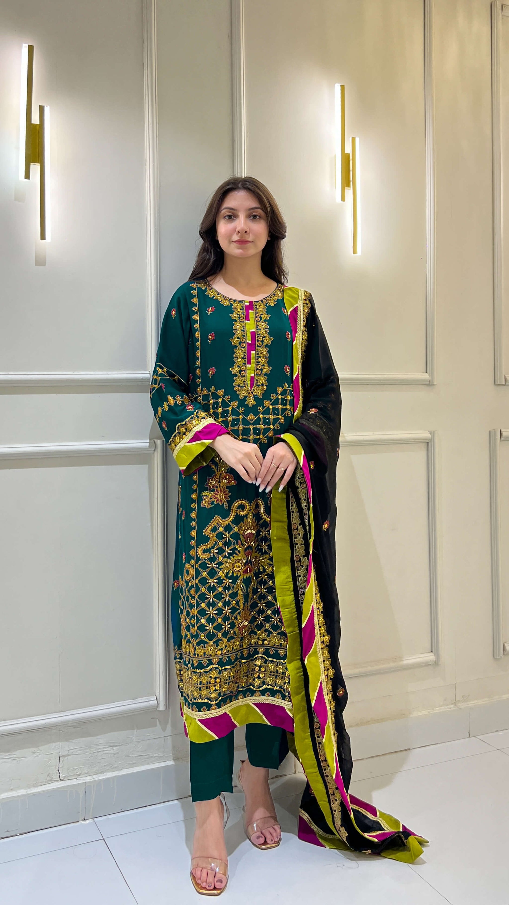 Hand-Embroidered Dark Sea Green Chiffon Suit Complete Look Video