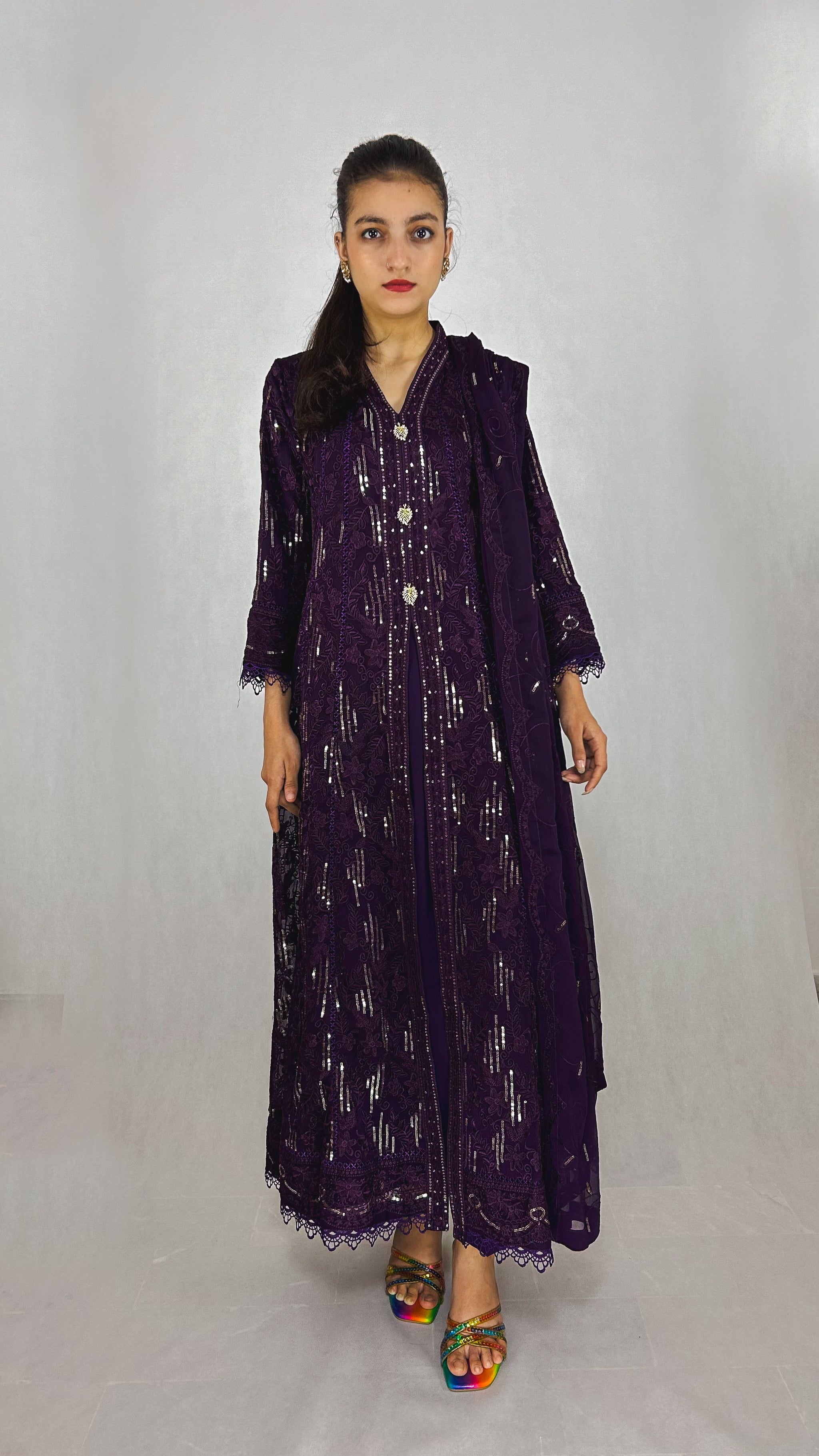 Dark Purple Pakistani Chiffon Anarkali Frock Embroidered Long Gown for Women Compete Look Video