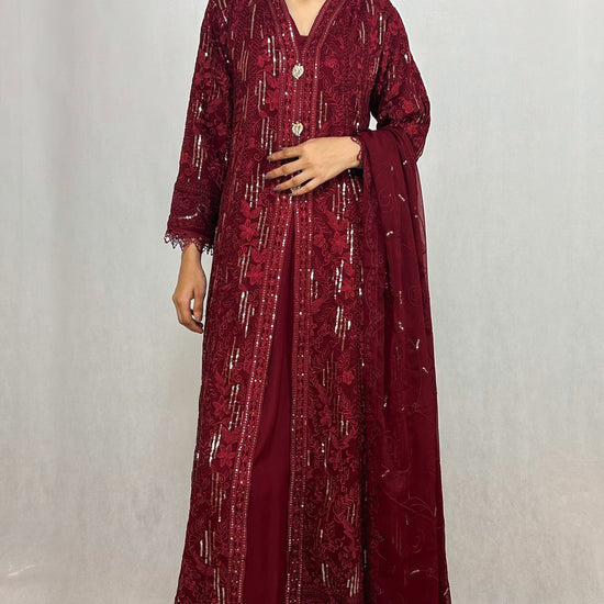 Maroon Anarkali Maxi Gown Embroidered Chiffon Long Suit Complete Look Video